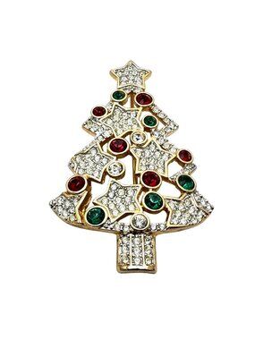 Swarvoski Swan Hallmark 2002 Christmas Tree Brooch Pin Crystal Gold Plated
